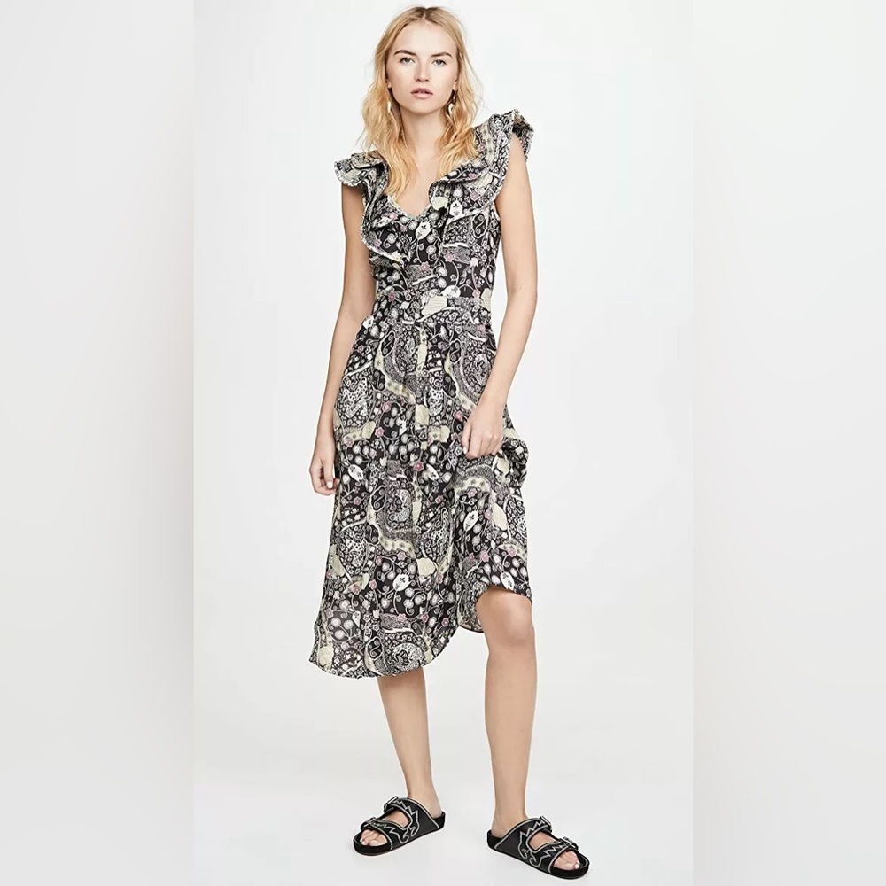 Isabel Marant Étoile Quilted Ruffle Trim Coraline Dress Flutter Sleeve Size: XS